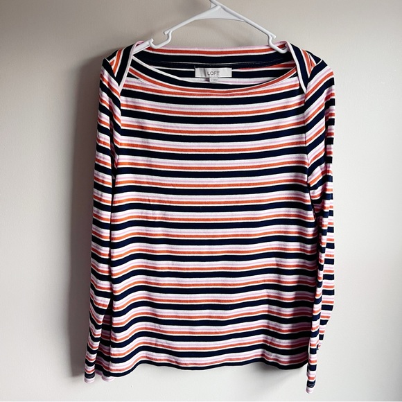 Loft Blue Striped Boatneck Long Sleeve Blouse - Picture 1 of 4